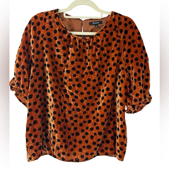 Madewell Velvet Memento Leopard Dot Ruffle Sleeve Top XL Burnt Orange Brown - Picture 3 of 13